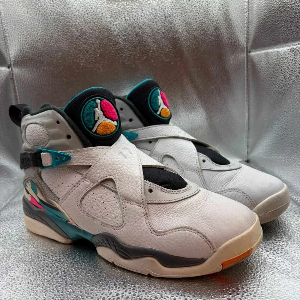 Size 7Y Air Jordan 8 Retro South Beach White Turbo Green Kids Shoes 305368-113 - Picture 1 of 10